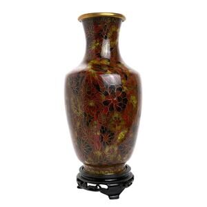 Vintage Chinese Cloisonne Floral Vase 11.75 Inches Tall With Carved Wood Stand